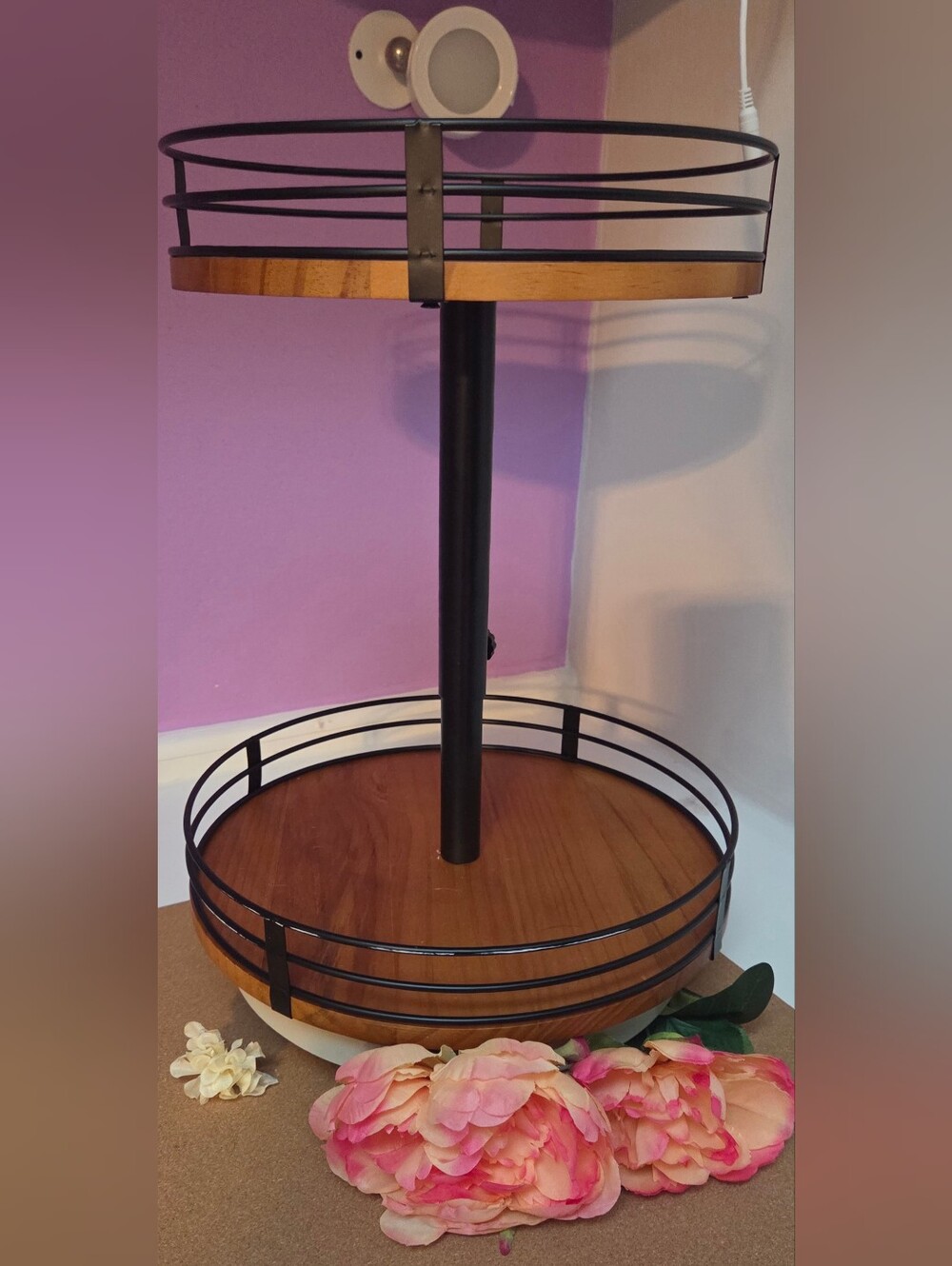 Two-Tier Wood and Black Metal Organizer, Lazy Susan